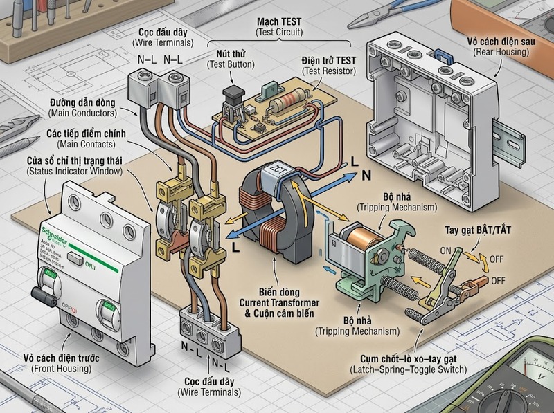 Cấu tạo RCCB gồm những bộ phận nào?
